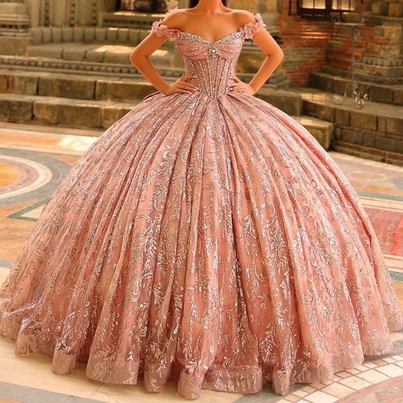 Pink Quinceanera Dresses Ball Gown Off The Shoulder Sequin Applique Lace Beads Bow Tull Party Birthday Sweet 16 Vestido De 15 Anos