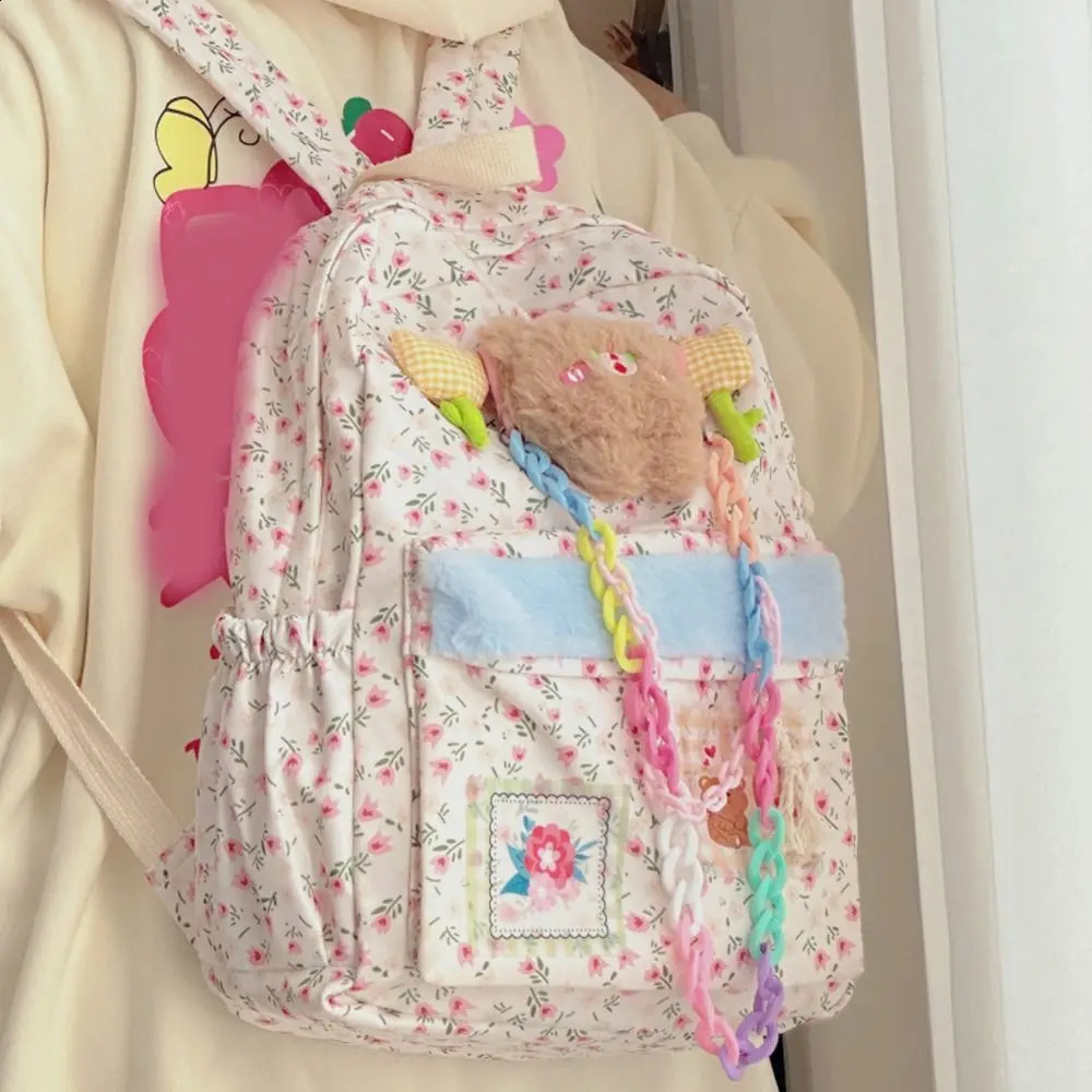 Kawaii Cartoon Floral Backpack Funny Nylon Floral School Bag Large Capacity Handbag Student Laptop Bag 241230