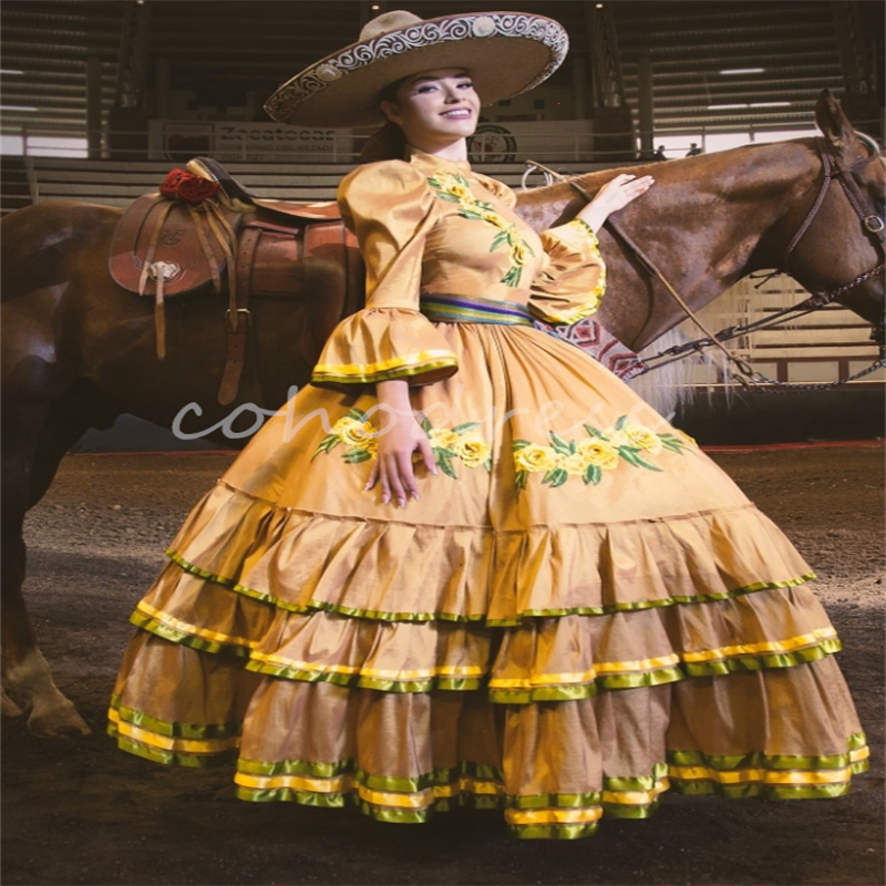 Traditional Mexico Gold Quinceanera Dresses Jalisco Dress Folklorico Embroidery Vestidos De 15 Anos Mariachi Prom Party Jalisco Xv Debutant Para Hallo