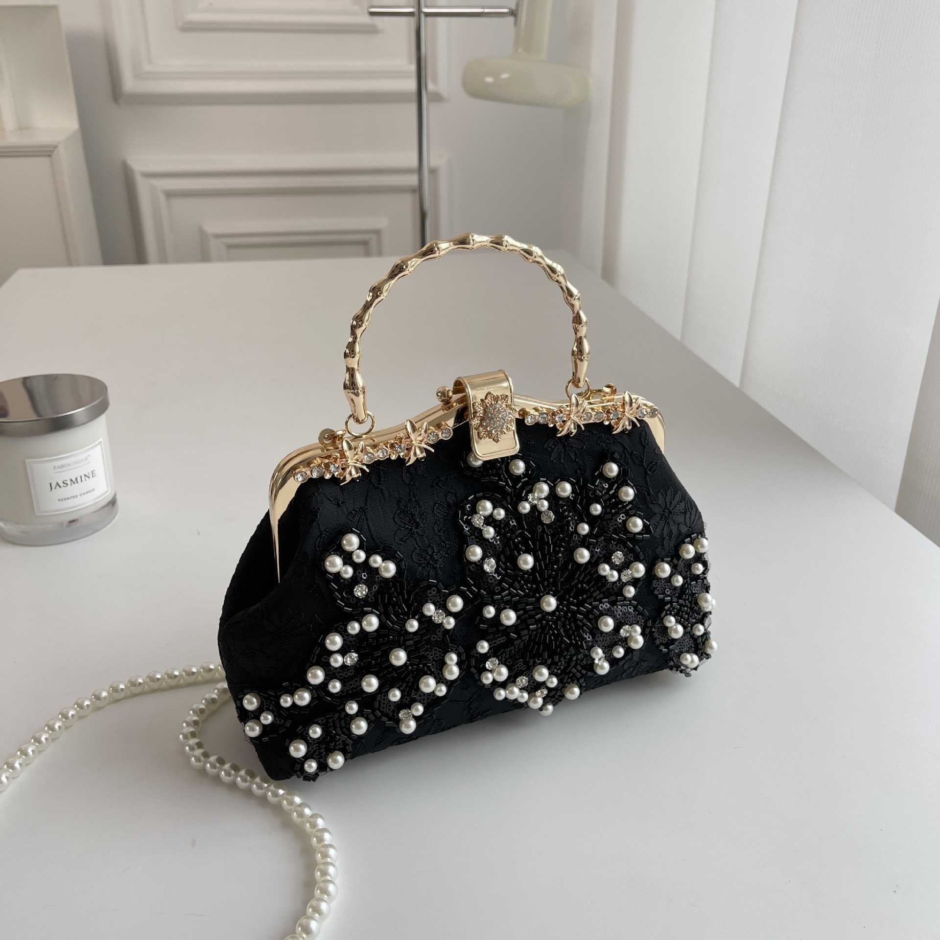 Pearl Embroidered Fashion Handbag Qipao Banquet Handheld Bag Chain Bar Bag Embroidered Pearl Bag Single Shoulder Bag Pearl Chain Bag