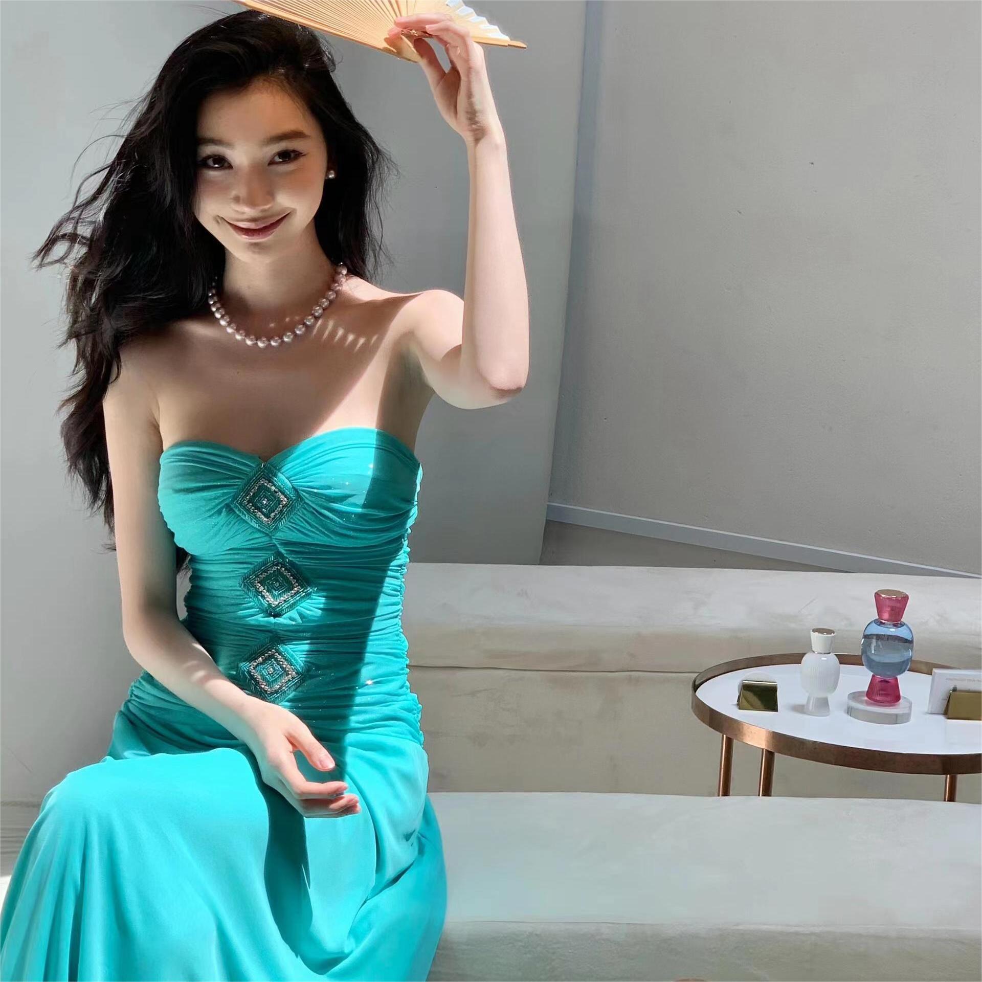 X150 Sexy backless shimmering ruffled slim fit hip short suspender dress