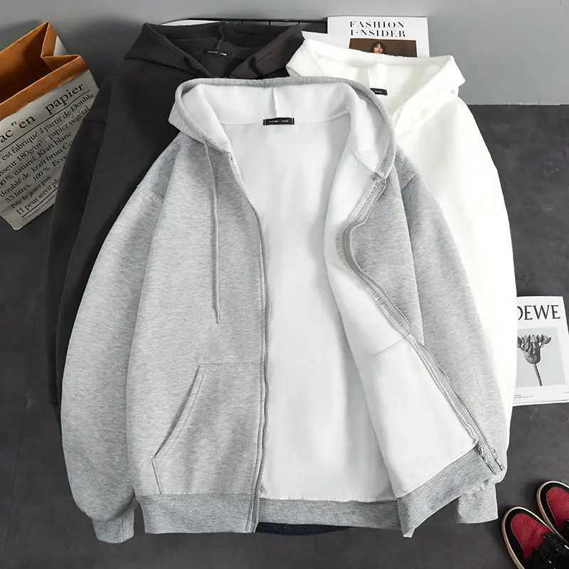 Autumn and winter velvet thick hooded cardigan loose mens clothing Korean version warm solid color zipper chic top W241230