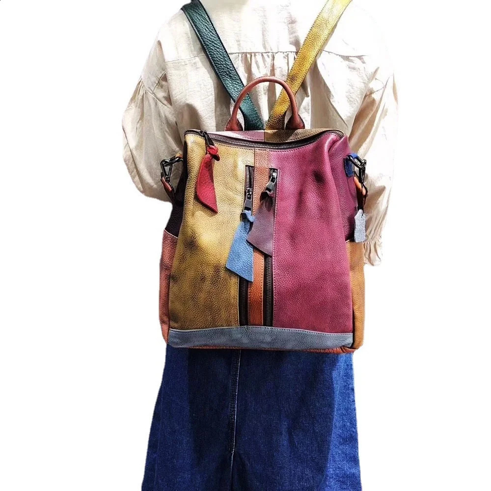 MOTAORA Retro Women Genuine Leather Backpack Patchwork Random Color Bag High Quality Backpacks For School Teenagers Girls 241230