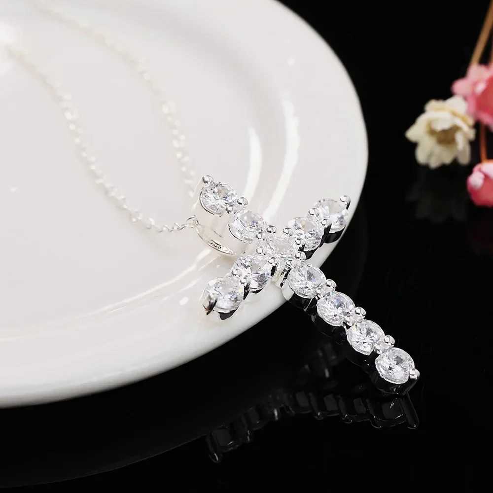 925 sterling silver necklace jewelry womens wedding fashion cross CZ crystal zircon pendant cute 45cm W241230