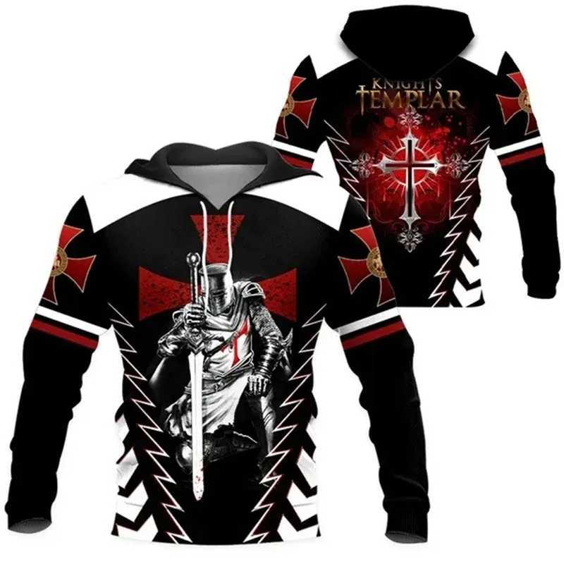 Knight Templar Hoodie Mens 3D Medieval Soldier Armor Printed Hoodie Retro Street Clothing Fashion Pocket Zipper Casual Clothing W241230
