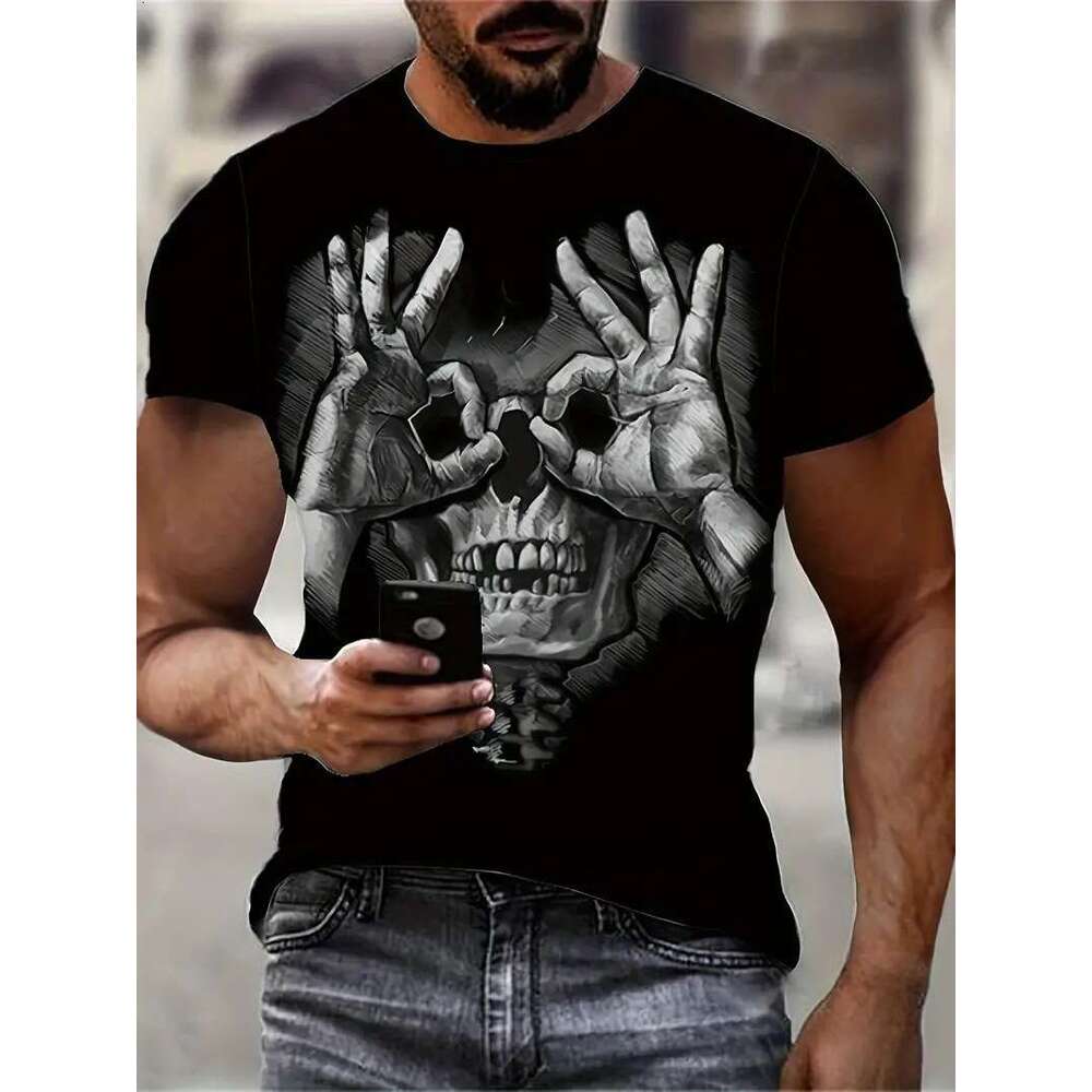 Men's High Street Loose Mesh Breathable Short Sleeve Hooded Round Neck T-shirt with Fun and Bizarre Gestures Skull 3D Printing