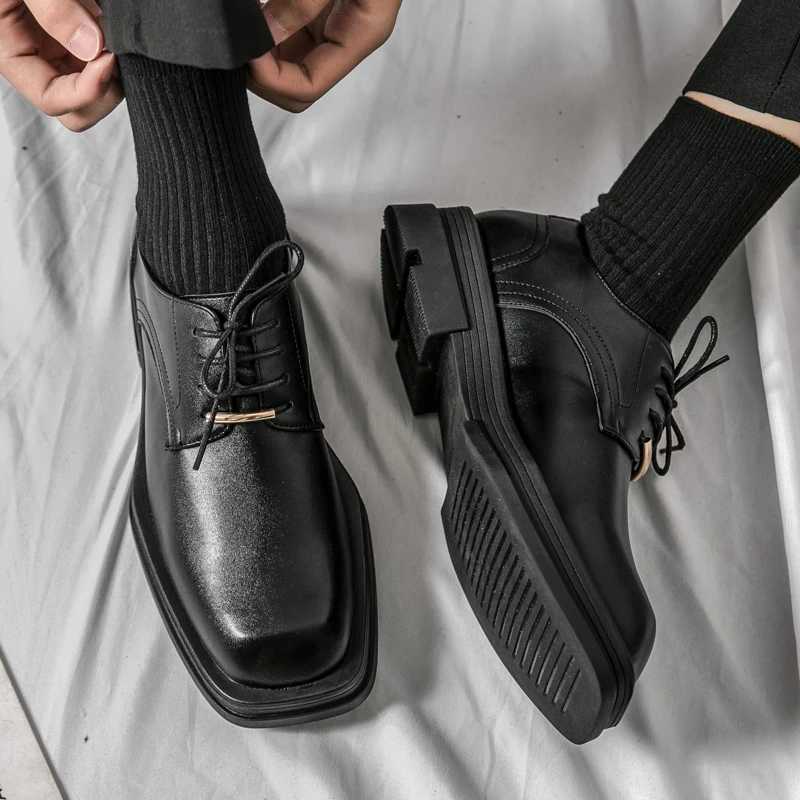 New Men Square Toe Patent Black White Leather Loafers Male Platform Dress Shoes Vintage Chunky Heel Party Shoes Men Formal ShoesXJ241230