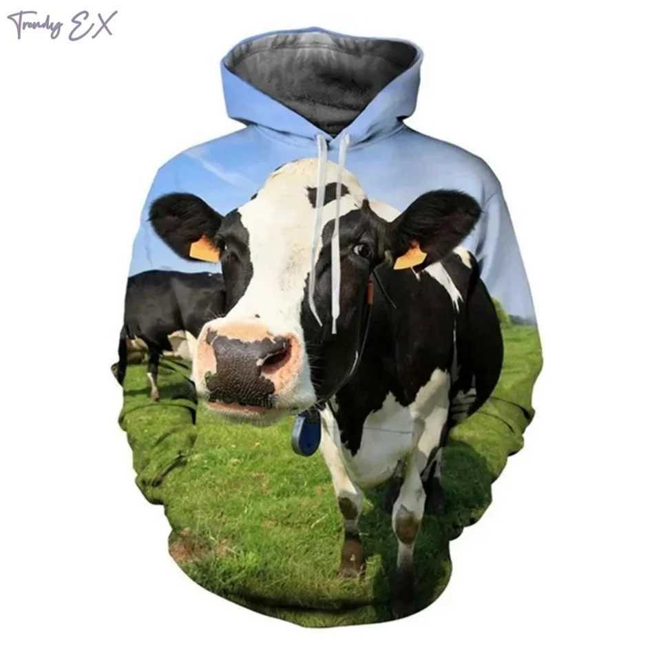 New sports shirt 3D animal cow print funny super large hooded sweatshirt fashionable sports kangaroo pocket long sleeved graphic hooded sweatshirt W24