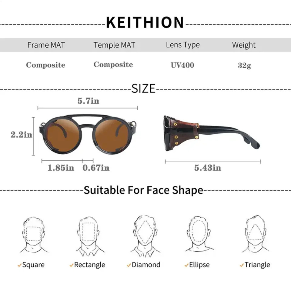 KEITHION Steampunk Style Round Vintage Sunglasses with Leather Side Retro Eyewear UV400 Protection for Men Women 241230