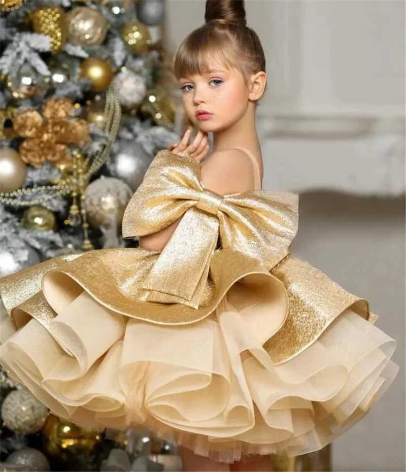 Girl's Dresses Fluffy Gold Satin Flower Girl Dress Knee Length Sparkling Wedding Party Dress Bow Child Baby Birthday Dress Ballet Tutu Dress L250