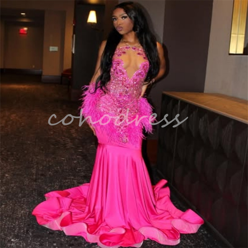 Luxury Rhinestone Hot Pink Prom Dress Mermaid Plus Size Feather Birthday Dress Illusion Aso Ebi African Evening Gown Formal Occasion Vestidos De Fiest
