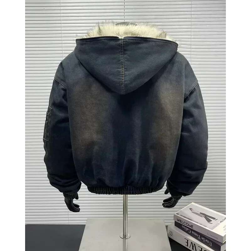 Men's Wear New Autumn Winter Loose Denim With Thickened And Warm Retro Design, Hooded Cotton Jacket, Fashionable Men's Jacket