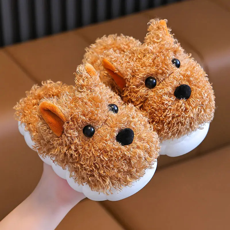 Cartoon Dog Kids Slippers Cute Animals Winter Shoes For Boys Girls Plush Warm Soft Bottom Children Indoor Slippers 241230
