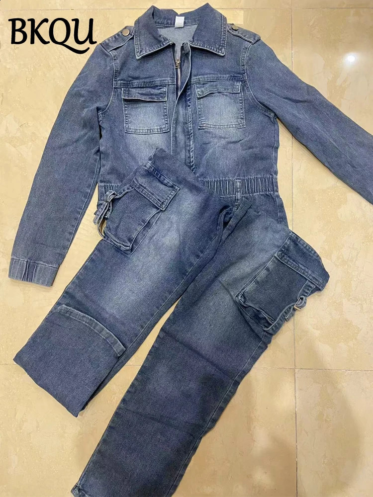 BKQU Denim Cargo Jumpsuit Women Pockets Patchwork Fashion Lapel Zipper Jean Stretch Overalls Playsuit Fall Winter Y2k Streetwear 241230