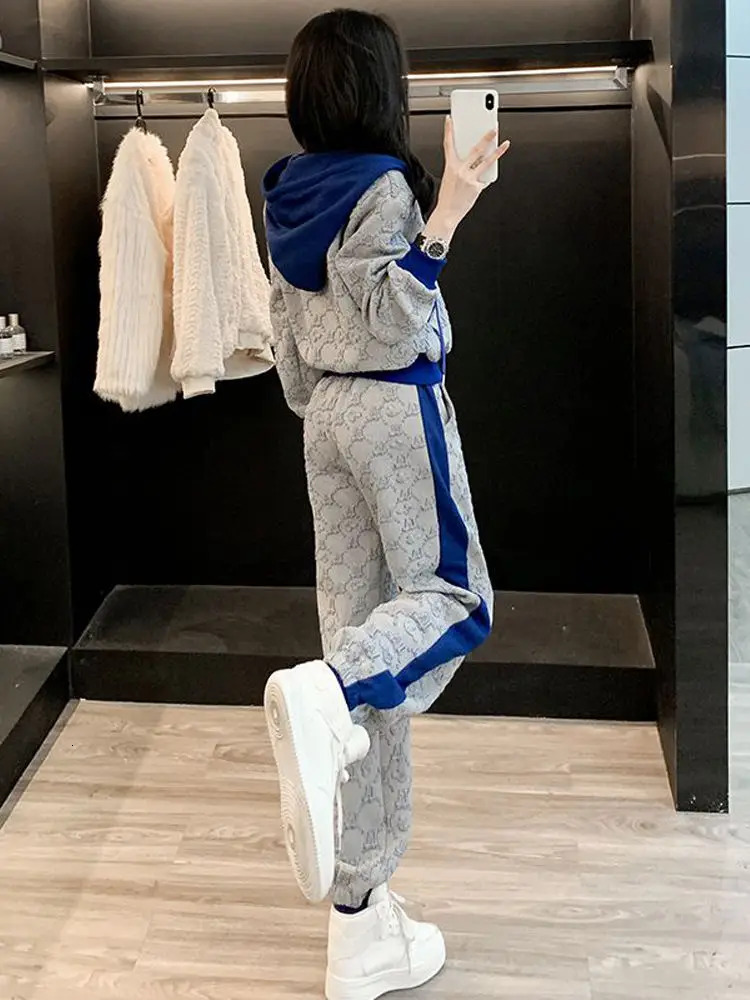 Ladies Trouser Draw String Sweatshirt Tracksuit Sport Color Matching Women's Pants Two Piece Set Spring Autumn Tailor New