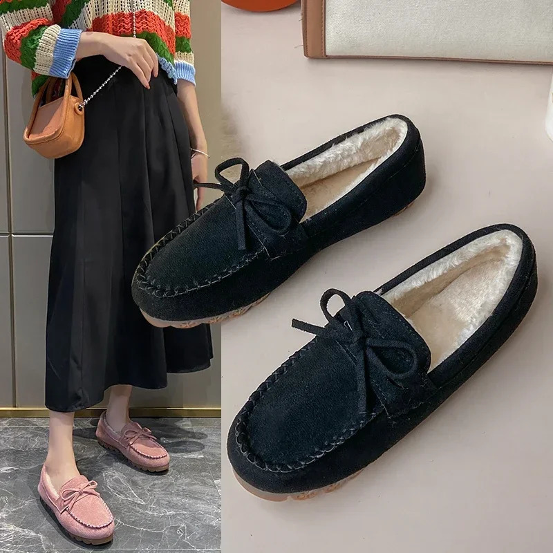 Womens Moccasins Soft Flat Fluffy Footwear Winter Female Shoes Home Warm Plush Bow Slip On 2024 Vintage Fashion Comfort 241225