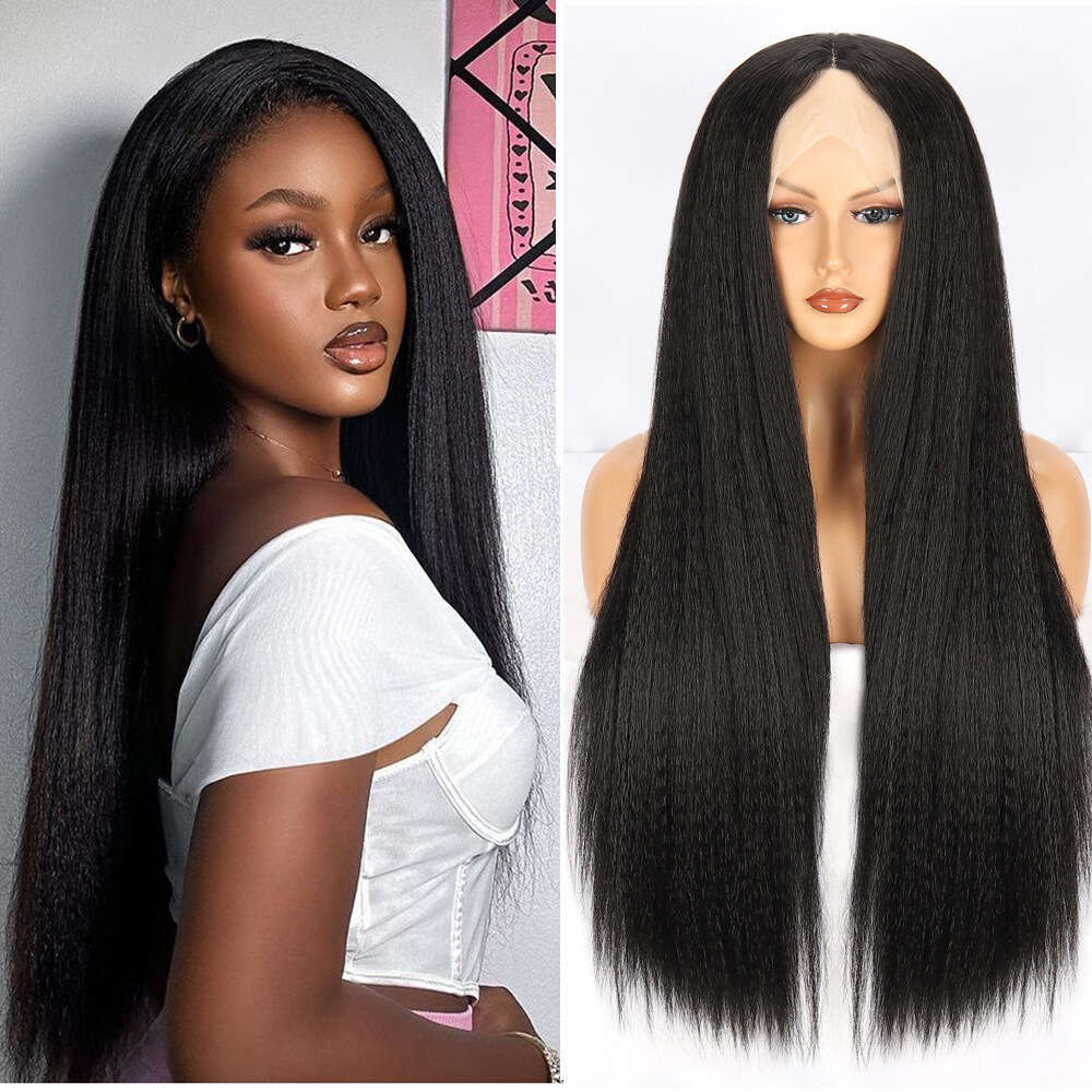 Lace Front Wig Cover T Shape Female Large Area T-Shaped Front Lace Wig Black Fluffy Yaki Long Straight Wigs Kq2 Kq2