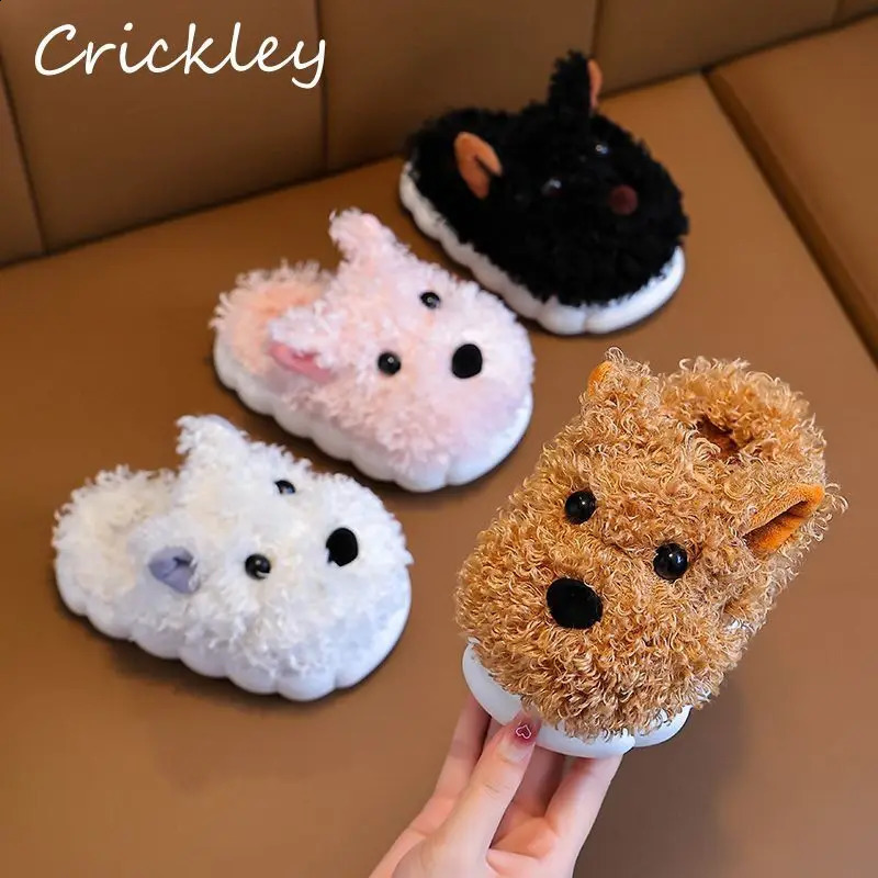 Cartoon Dog Kids Slippers Cute Animals Winter Shoes For Boys Girls Plush Warm Soft Bottom Children Indoor Slippers 241230