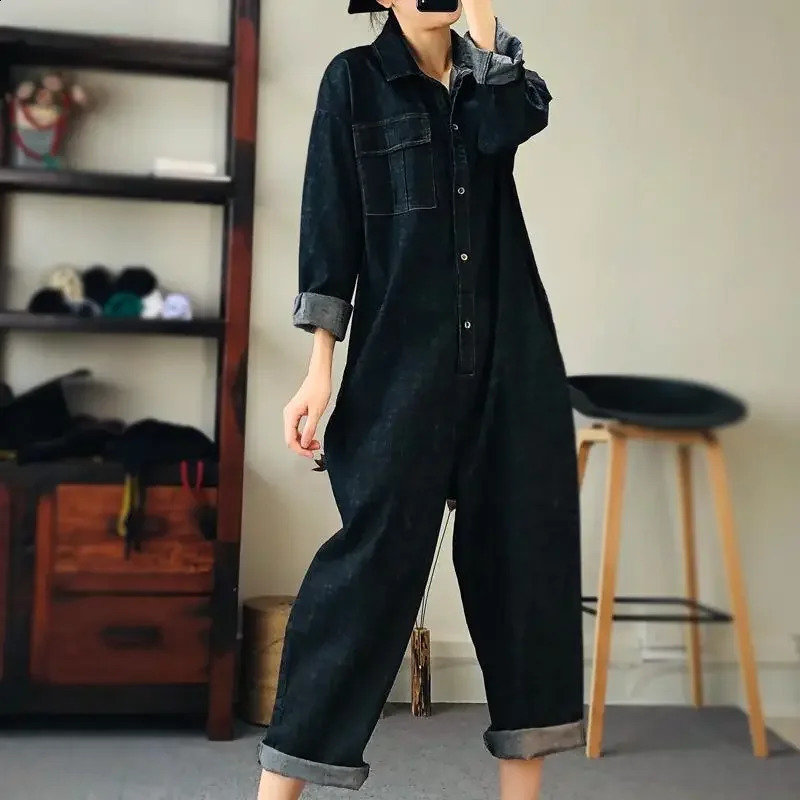 Oversize Denim Jumpsuit Suit Women Blue Denim Long Sleeve Playsuits High Waist Fashion Tops Casual One Piece Outfit Women 241230