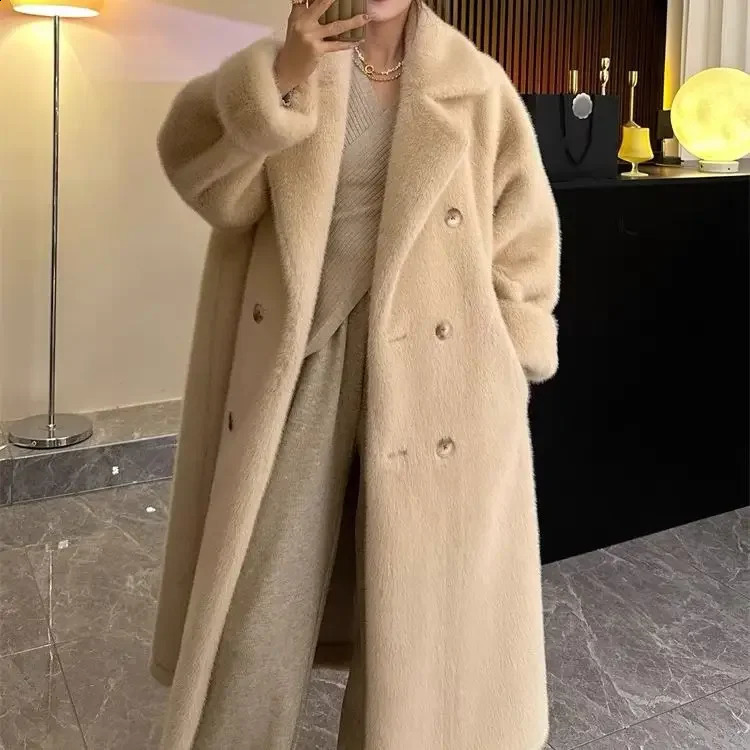 Suit collar long coat 2024 autumn and winter rabbit fur thickened warm highend environmentally friendly 241223