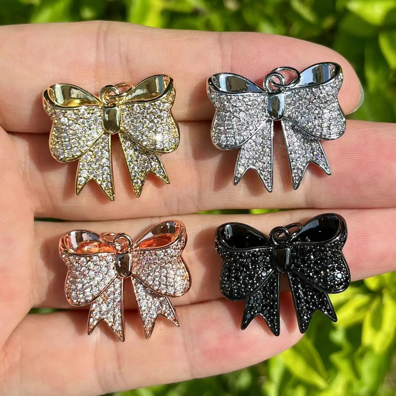 Zirconia Pave Gold Plated Copper Bowknot Charms for Jewelry Making 241230