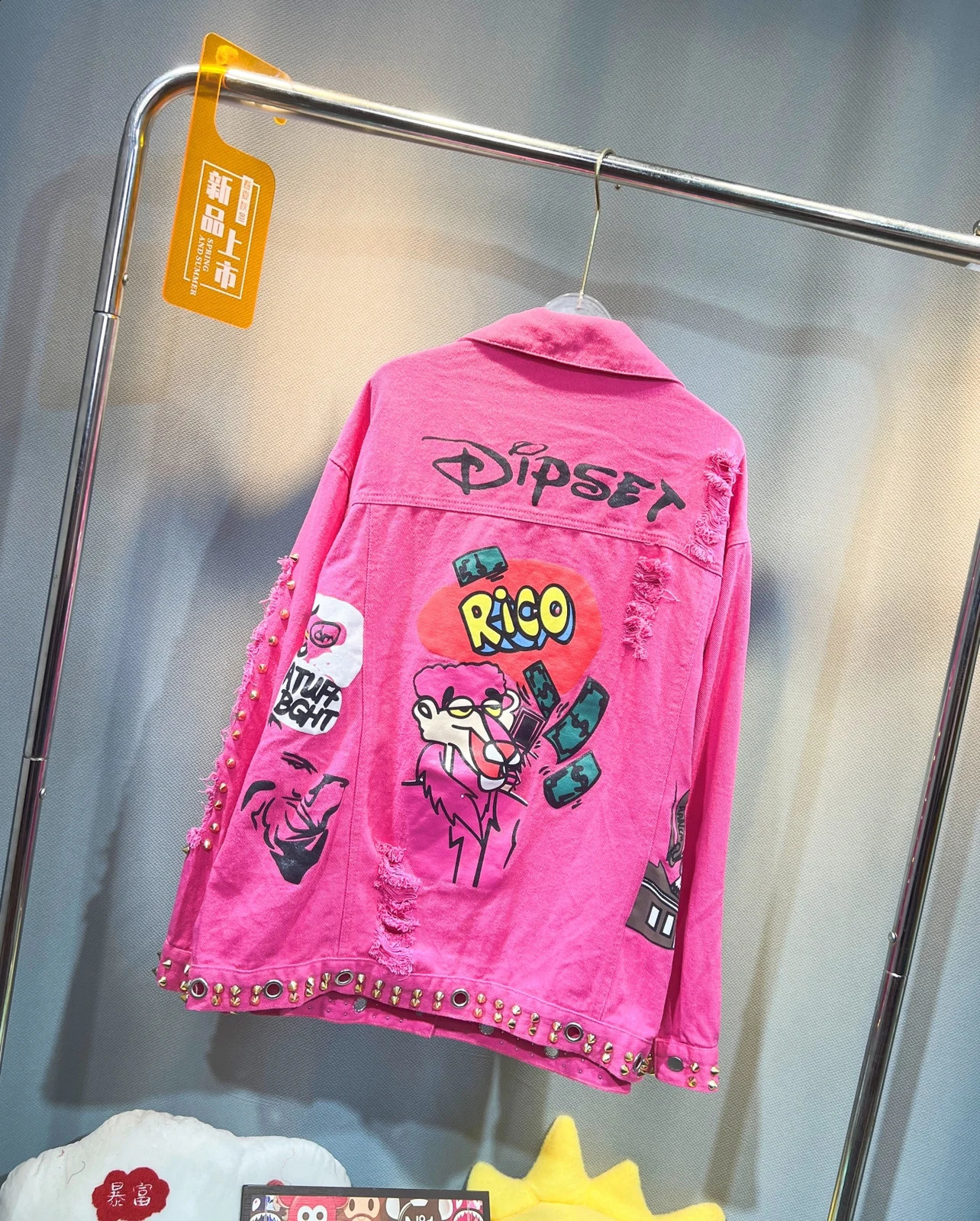 Trendy Women Denim Jackets Autumn Hole Loose Outwear Mid-long Sequins Rivet Cartoon Casual Pink Jeans Coat 241223