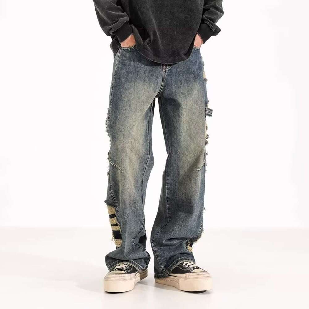 Men's Wear Hip Hop Jeans Street Jeans American Style Vintage Clean Fit Loose Ripped Jeans Men's High Street Trendy Brand Versatile Straight 