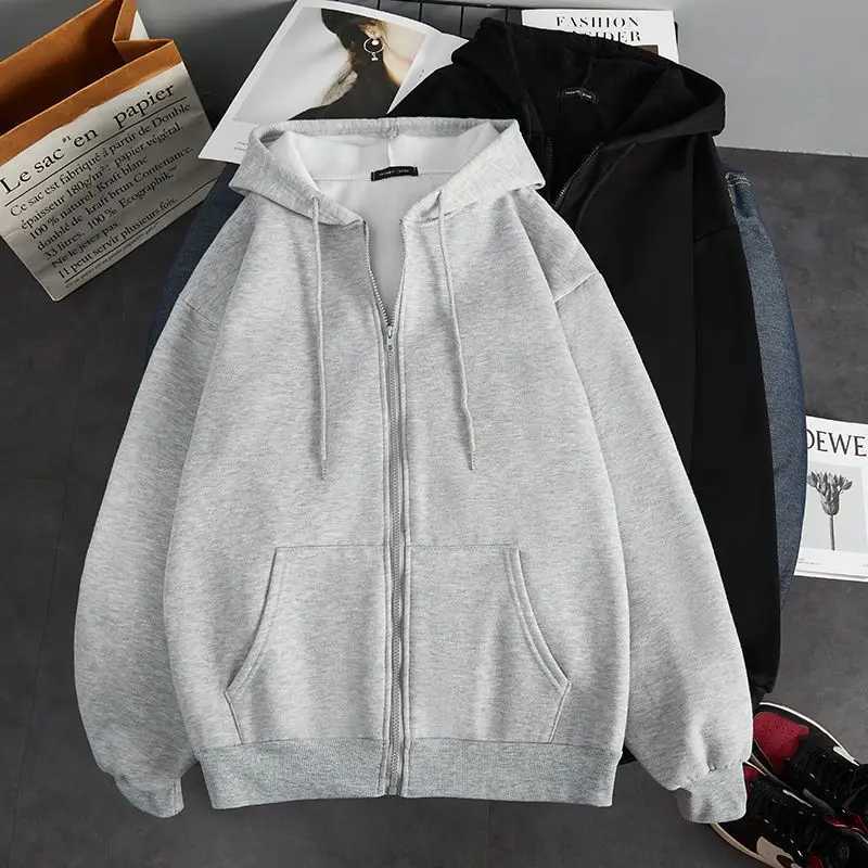 Autumn and winter velvet thick hooded cardigan loose mens clothing Korean version warm solid color zipper chic top W241230