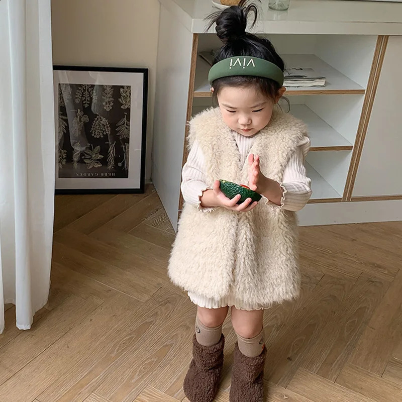 Winter fashion little princess soft warm Plush fur waistcoats Girls thick sleeveless artificial wool all-match Vests 241230
