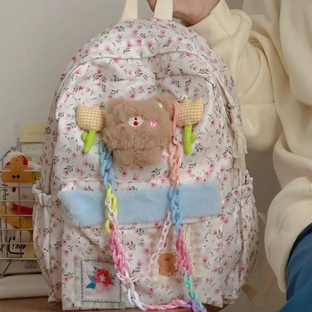 Kawaii Cartoon Floral Backpack Funny Nylon Floral School Bag Large Capacity Handbag Student Laptop Bag 241230