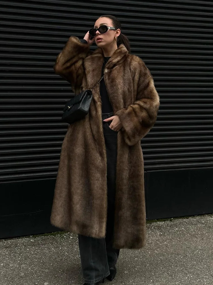 Dark Brown Faux Fur Long Overcoat For Women Fashion Lapel Single Breasted Loose Fluffy Plush Warm Coat Winter Thicken Outerwear 241223