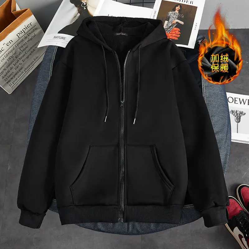 Autumn and winter velvet thick hooded cardigan loose mens clothing Korean version warm solid color zipper chic top W241230