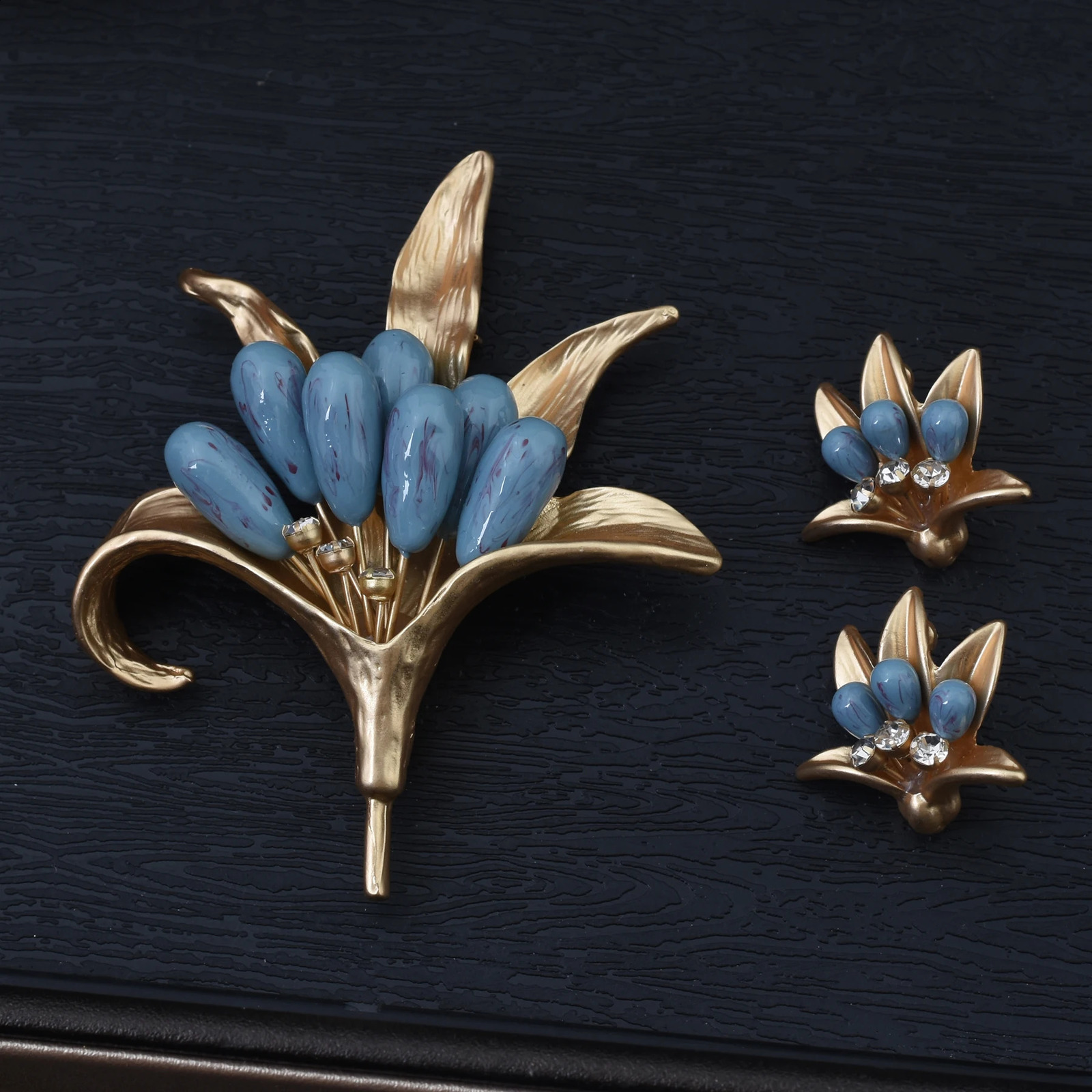 Vintage Blue Brooch Enamel Bollflower Stud Earrings Brooch Set Vintage Accessory Glass Flower bouquet 241230