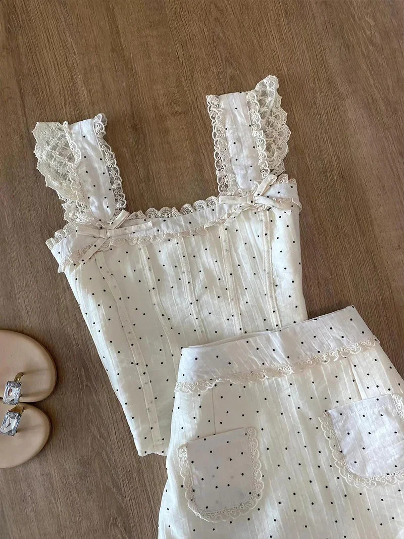 Y2K Womens Two Piece Set French Lace Splicing Polka Dot Suspenders Sexy Fashion Retro Harajuku Bow Cute Mini Skirt Tops Suit 241220