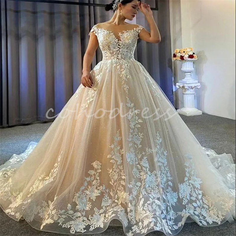 Gorgeous Champagne Wedding Dress 2025 Ball Gown Appliques Lace Church Bridal Gown Backless Country Bride Dress Cap Sleeves Church Vestidos De Novia Bo