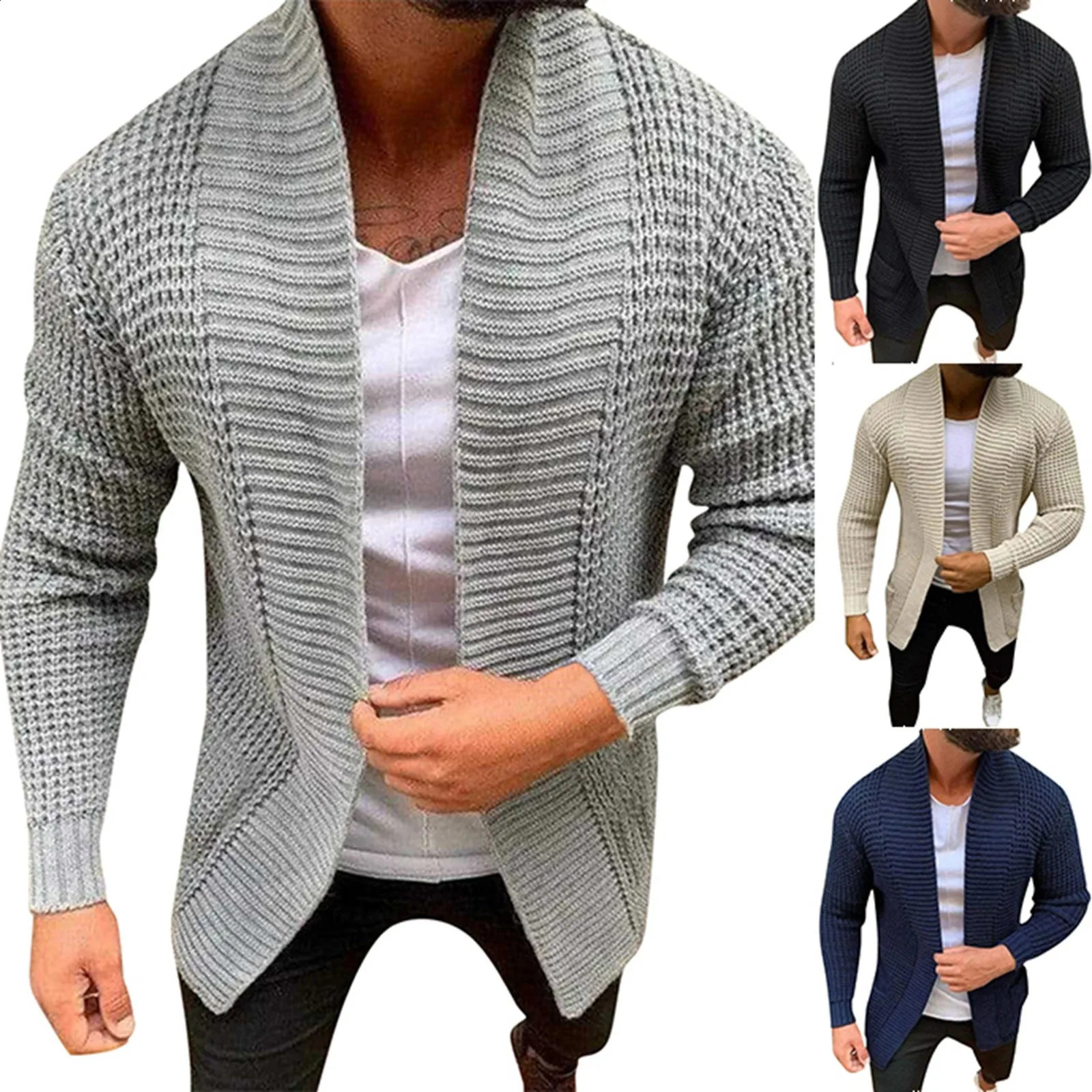 Mens Beige Knitted Cardigans Jacket Autumn Winter Sweater Outerwear Fashion Casual Long Sleeved Mid Length 241230