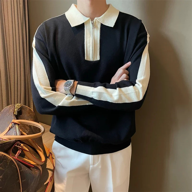 With Zipper Pullovers Male Splicing Polo Knitwear Contrasting Colors Mens Knit Sweater Y2k Streetwear Harajuku Long Sleeve Top 241230