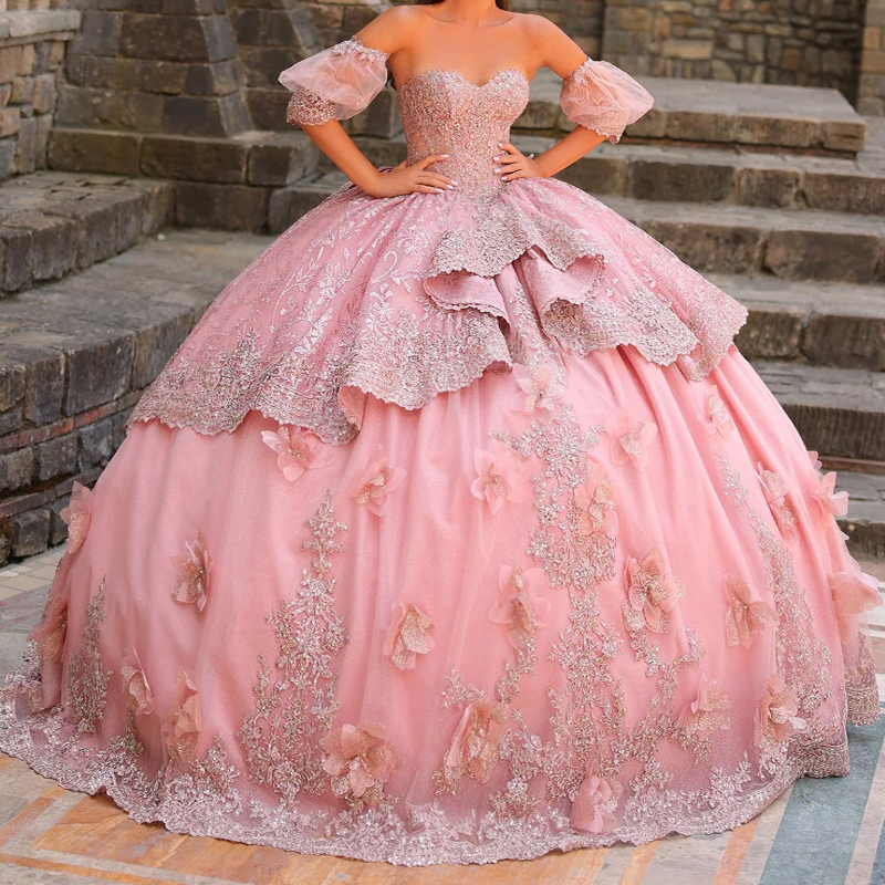 Quinceanera Pink Dresses Ball Gown Off The Shoulder Sequin Applique Wer Beads Bow Tull Party Birthday Sweet Vestido De Anos