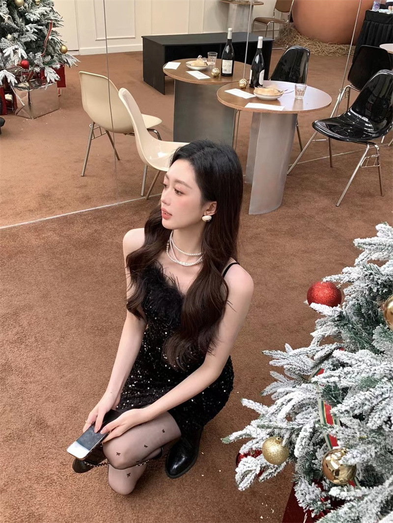 D125 Autumn new women's sexy lace mesh one-shoulder tube top slightly transparent slim dress for women