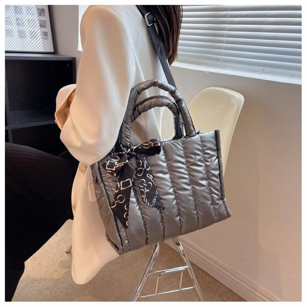 Elegant Ribbons Womens Bag Down Fabric Cotton Shoulder Crossbody Bags Winter Casual Quilted Padded Space Handbags 241227