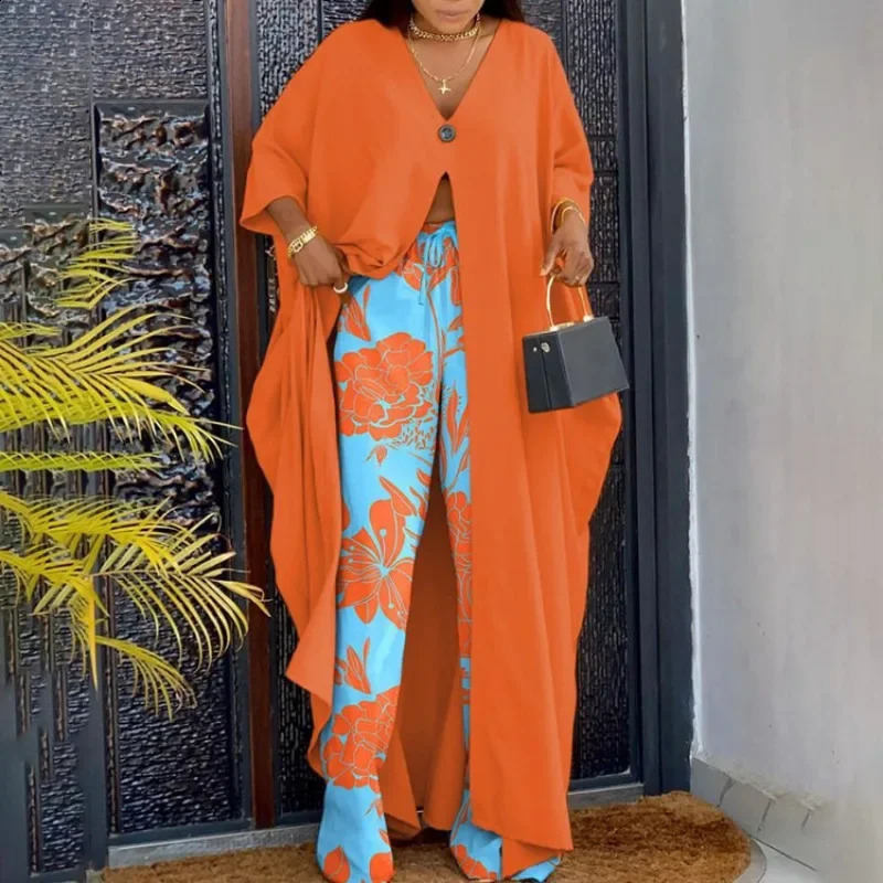 Shirt Drawstring Trouser Casual Long Printed Dress Suit Fashion Vneck Loose 34 Sleeve Top Pants Sets 241220