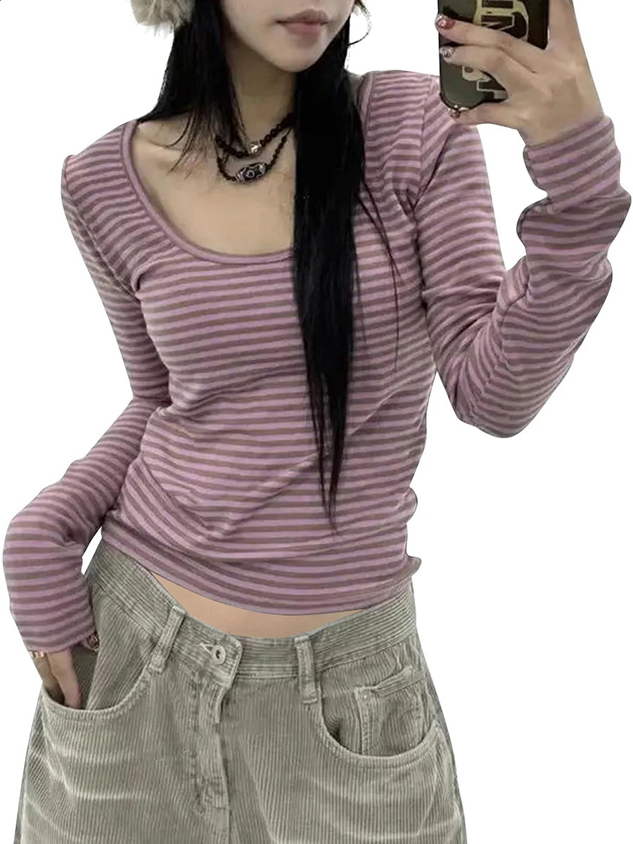 wsevypo Women Basic T-shirt Fall Spring Striped Casual Tops Long Sleeve Scoop Neck Slim fit Pullovers Harajuku Streetwear 241224