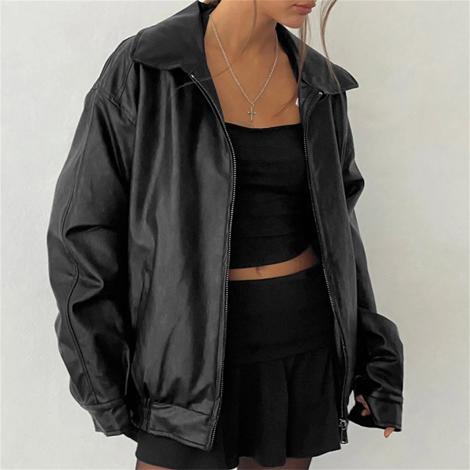 hirigin Womens Oversized Zip Up Leather Jackets Faux Motorcycle Bomber Coats 2024 Fall Fashion Outfits Winter Clothes 241223