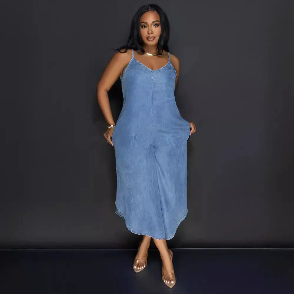 Womens Summer Fashion Casual Comfortable Versatile Irregular Denim Blue Sleeveless Suspender Straight 3/4 Jumpsuit 241230