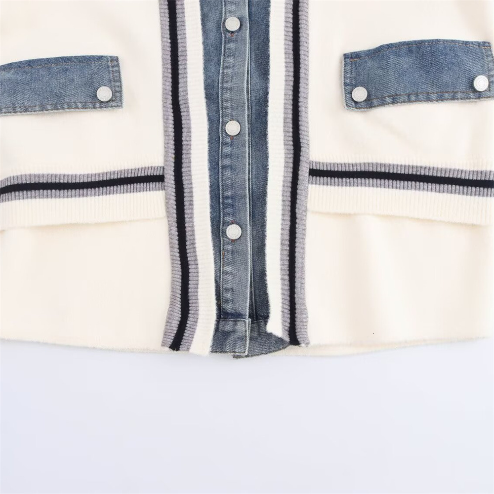 Autumn New Fashion Women's Casual Elegant Design Denim Patchwork Sweater Shirt Collar Striped Cardigan Jacket