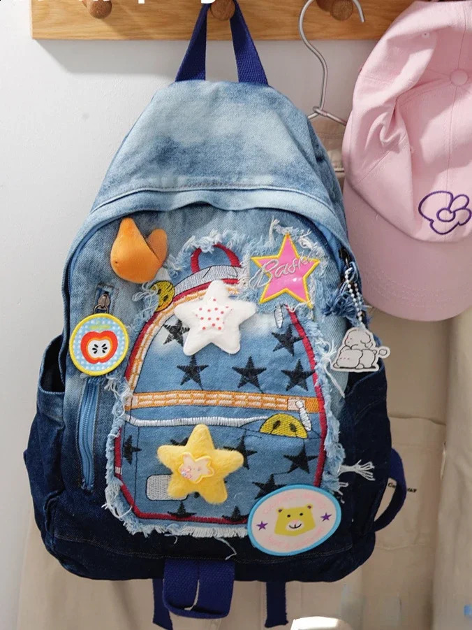 Retro Cowboy Color Matching Backpack Female Japanese Sweet Lovely Girl Y2k All-match Bag College Student Small Backpack 241230
