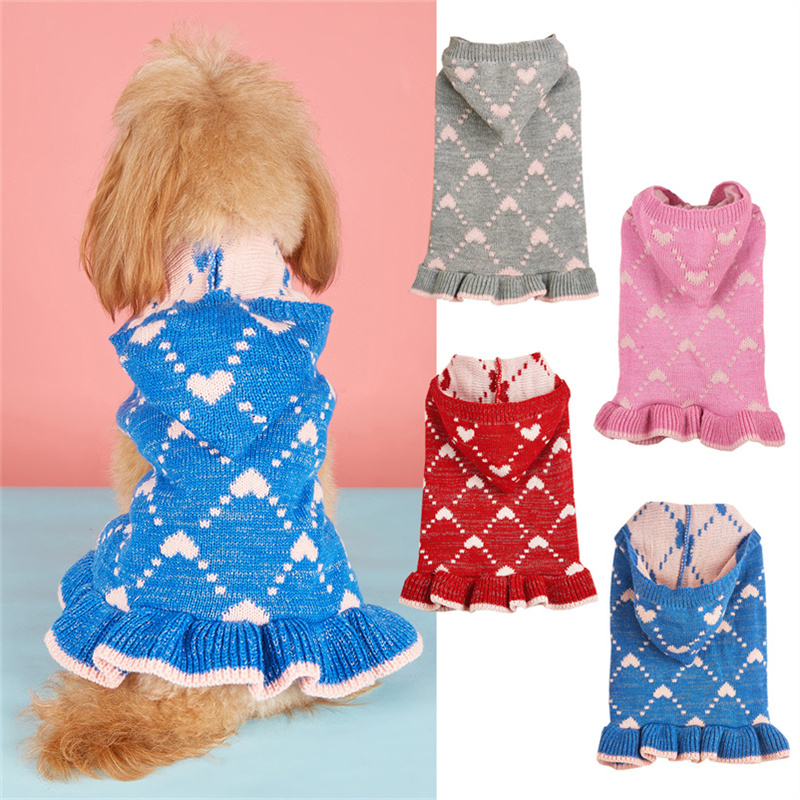 Puppy Hairball Autumn/Winter Dress Ins Style Korean Version Lovely Sweet Lolita Heart Plaid Hat-Wearing Lace Dog Skirt Hem