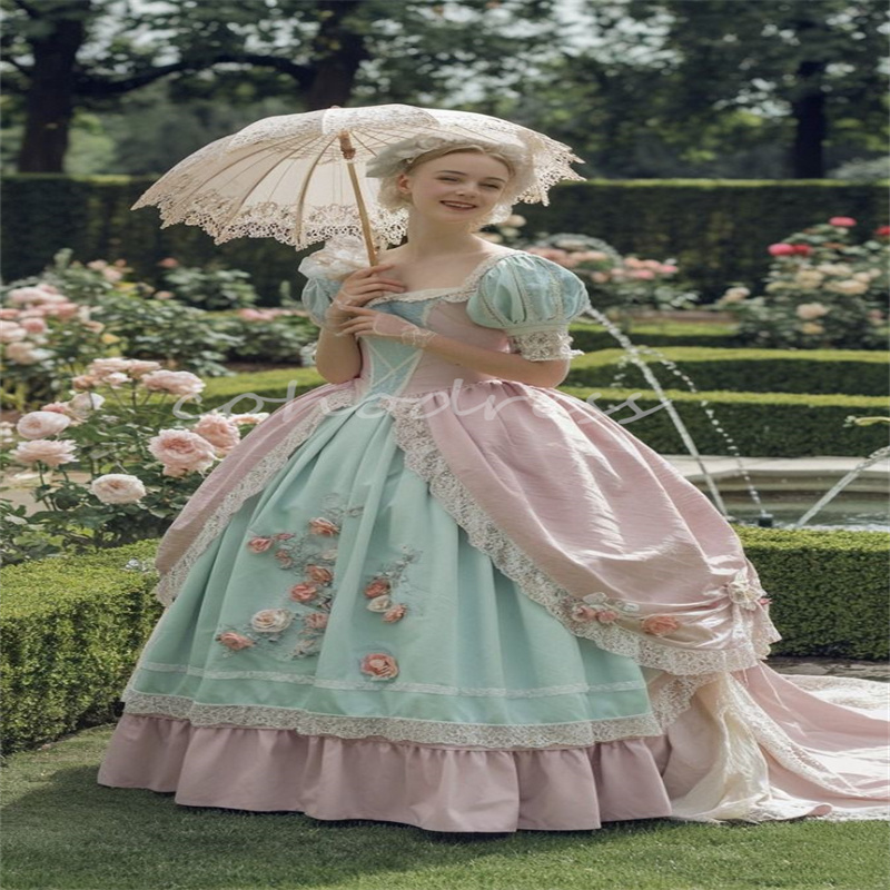 Fantasy French Duchess Prom Dress Contrast Florals Ball Gown Civil War Costume Masquerade Evening Dress Rococo Party Medieval Renaissance Bustle Birth
