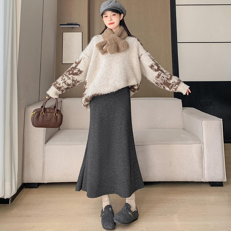 FP229 Autumn and Winter 2024 New Gentle Temperament High-grade Glutinous Rice Slim Woolen A-line Hip-wrapped Fishtail Skirt