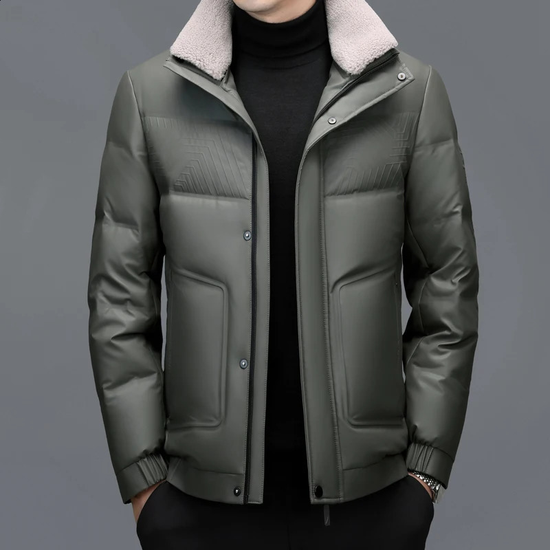 YX-6502 Mens Genuine Leather Down Jacket Winter Sheepskin Stand Up Collar Leather Jacket Casual Thick Warm Jacket Trend 250114